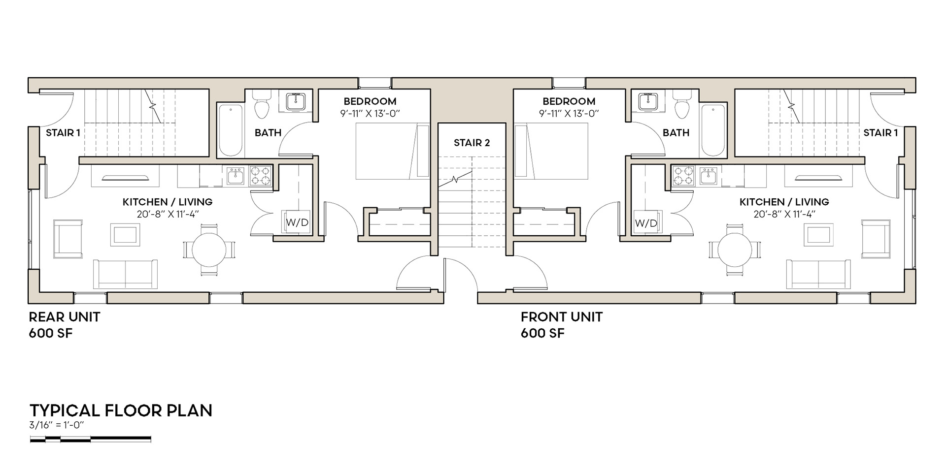 Floor plan for 8-flat Chicago housing showing two one-bedroom units
