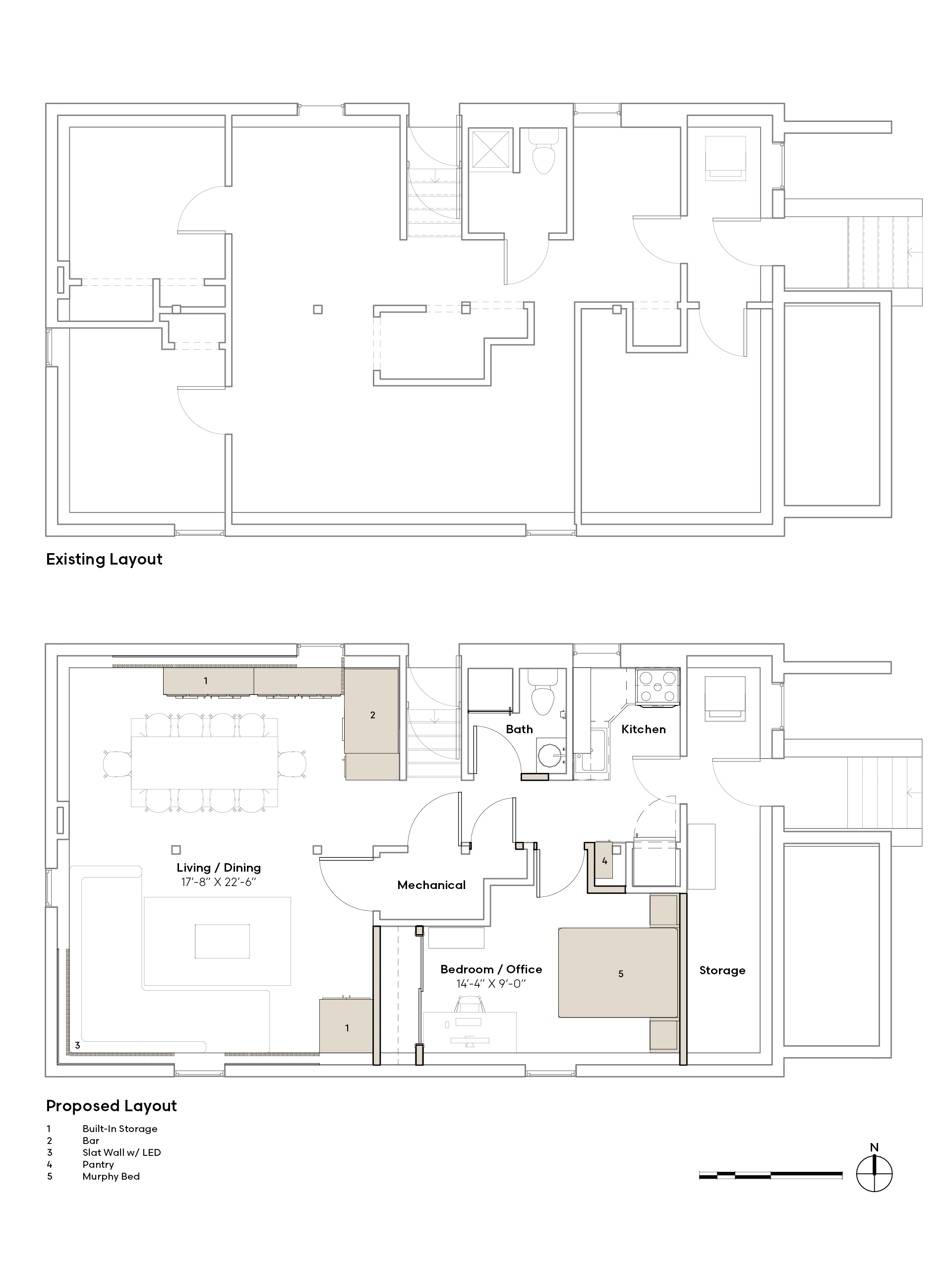 Existing and proposed plans of basement renovation
