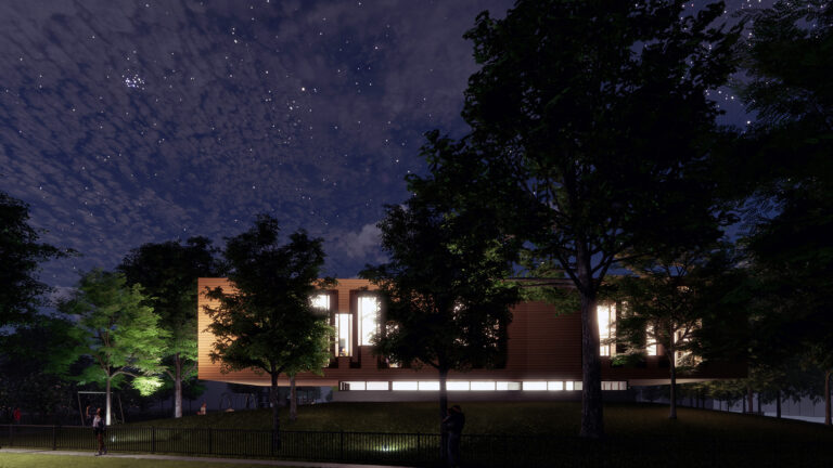 Night renderings of Field Center from across Berkshire Street showing the "river of crystal light"