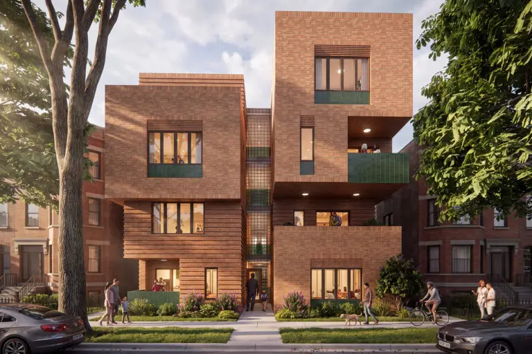 Rendering of Four Story Brick Building with inset balcony areas. The brick is similar in color to Chicago Common brick with forest green glazed brick accents and glass block to create light filled corridors.
