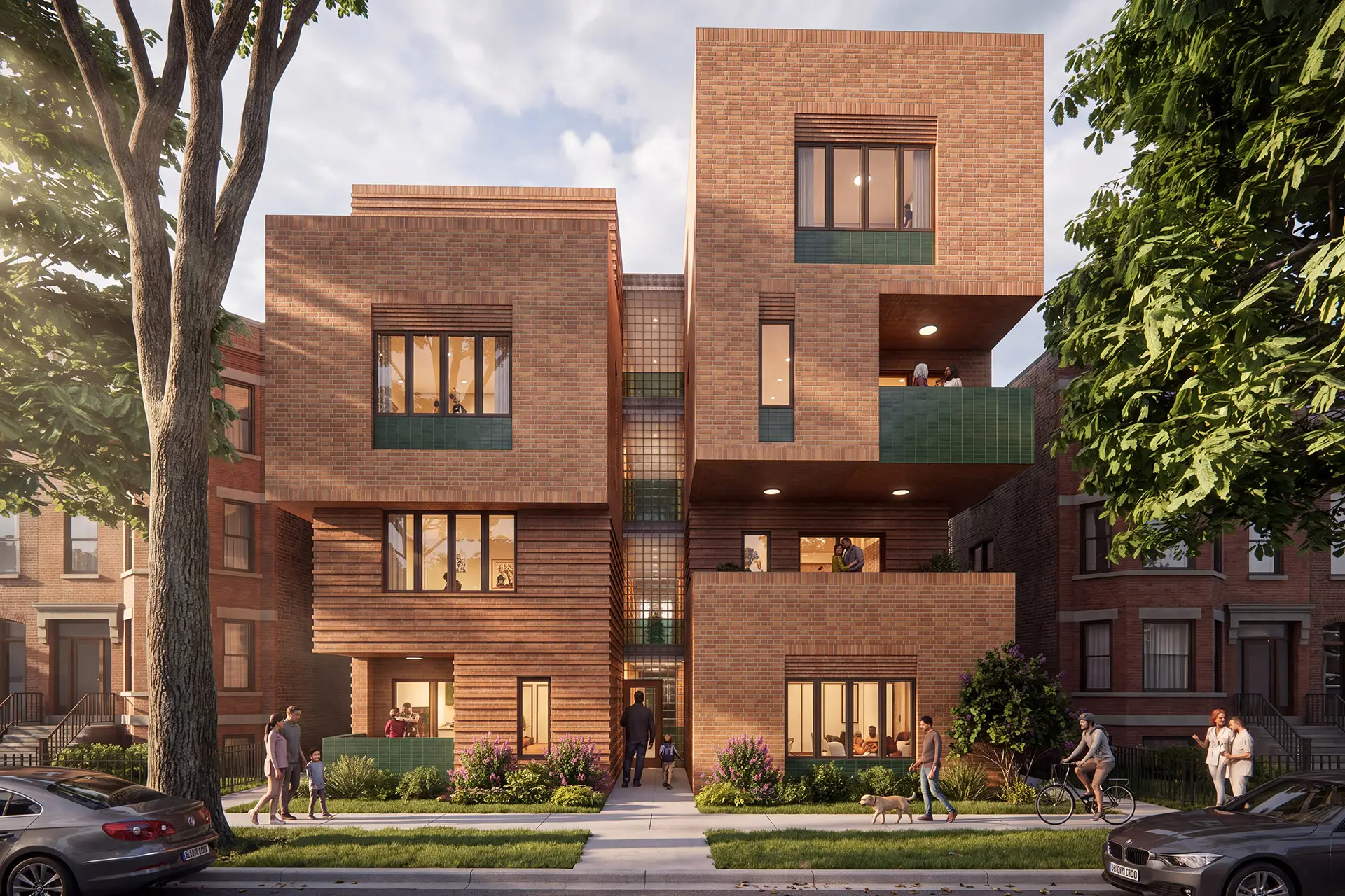 Rendering of Four Story Brick Building with inset balcony areas. The brick is similar in color to Chicago Common brick with forest green glazed brick accents and glass block to create light filled corridors.